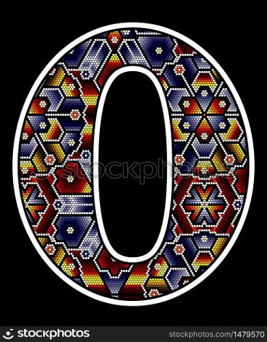 number 0 with colorful dots. Abstract design inspired in mexican huichol beaded art style. Isolated on black background