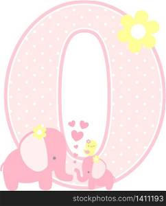 number 0 with cute elephant and little baby elephant isolated on white. can be used for mother&rsquo;s day card, baby girl birth announcements, nursery decoration, party theme or birthday invitation