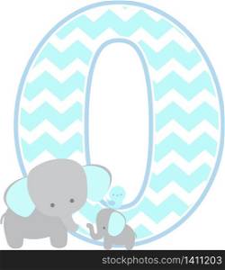 number 0 with cute elephant and little baby elephant isolated on white background. can be used for father&rsquo;s day card, baby boy birth announcements, nursery decoration, party theme or birthday invitation