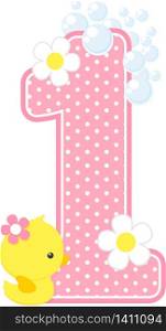 number 1 with bubbles and cute rubber duck isolated on white. can be used for baby girl birth announcements, nursery decoration, party theme or birthday invitation. Design for baby girl