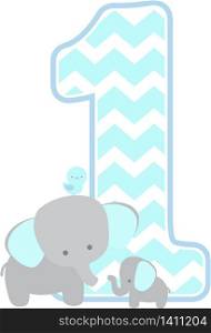 number 1 with chevron pattern. cute elephant and little baby elephant isolated on white background. can be used for father&rsquo;s day card, baby boy birth announcements, nursery decoration, party theme or birthday invitation