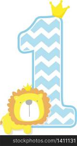 number 1 with chevron pattern. cute little lion king isolated on white background. can be used for father&rsquo;s day card, baby boy birth announcements, nursery decoration, party theme or birthday invitation