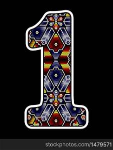 number 1 with colorful dots. Abstract design inspired in mexican huichol beaded art style. Isolated on black background