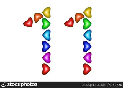 Number 11 made of colorful hearts on white. Love figures. Multicolored icon. Greeting card. Happy birthday invitation. Holiday anniversary sign. Number eleven from rainbow hearts. Vector illustration