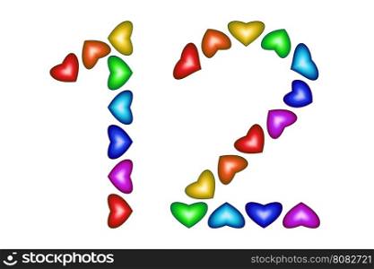 Number 11 made of colorful hearts on white. Love figures. Multicolored icon. Greeting card. Happy birthday invitation. Holiday anniversary sign. Number twelve from rainbow hearts. Vector illustration