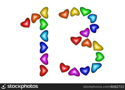 Number 13 made of colorful hearts on white. Love figures. Multicolored icon. Greeting card. Happy birthday invitation. Holiday anniversary sign. Number thirteen from rainbow hearts Vector illustration