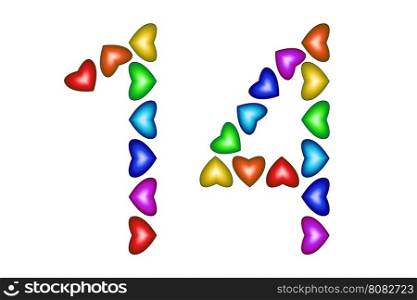 Number 14 made of colorful hearts on white. Love figures. Multicolored icon. Greeting card. Happy birthday invitation. Holiday anniversary sign. Number fourteen from rainbow hearts Vector illustration