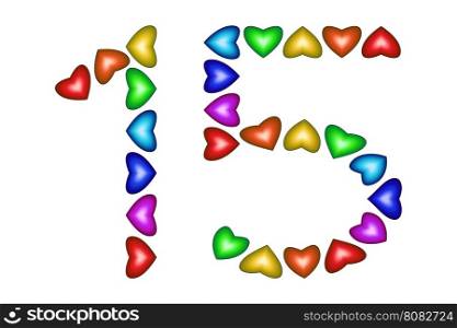 Number 15 fifteen made of colorful hearts on white. Number 15 made of colorful hearts on white. Love figures. Multicolored icon. Greeting card. Happy birthday invitation. Holiday anniversary sign. Number fifteen from rainbow hearts. Vector illustration