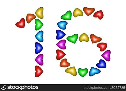 Number 16 sixteen made of colorful hearts on white. Number 16 made of colorful hearts on white. Love figures. Multicolored icon. Greeting card. Happy birthday invitation. Holiday anniversary sign. Number sixteen from rainbow hearts. Vector illustration