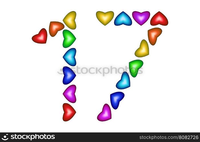 Number 17 made of colorful hearts on white. Love figures. Multicolored icon. Greeting card Happy birthday invitation. Holiday anniversary sign. Number seventeen from rainbow hearts Vector illustration