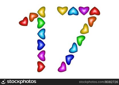 Number 17 made of colorful hearts on white. Love figures. Multicolored icon. Greeting card Happy birthday invitation. Holiday anniversary sign. Number seventeen from rainbow hearts Vector illustration