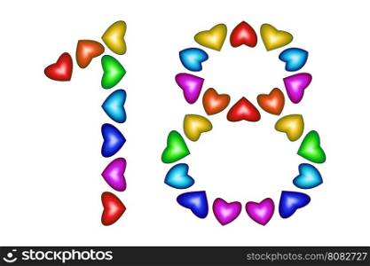 Number 18 made of colorful hearts on white. Love figures. Multicolored icon. Greeting card. Happy birthday invitation. Holiday anniversary sign. Number eighteen from rainbow hearts Vector illustration