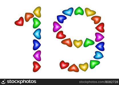 Number 19 made of colorful hearts on white. Love figures. Multicolored icon. Greeting card. Happy birthday invitation. Holiday anniversary sign. Number nineteen from rainbow hearts Vector illustration