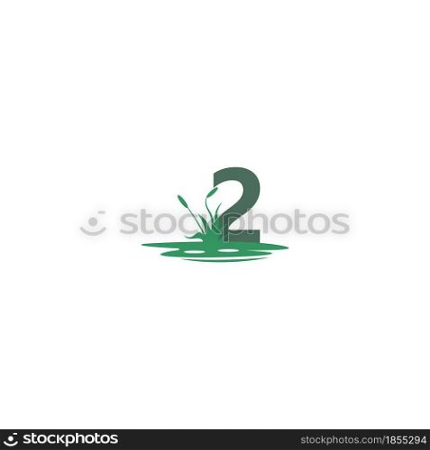Number 2 behind puddles and grass template illustration