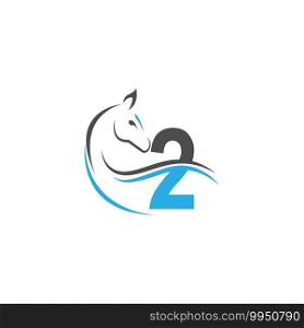 Number 2 icon logo with horse illustration design vector
