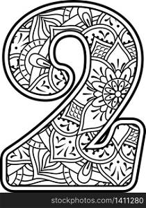 number 2 in black and white with doodle ornaments and design elements from mandala art style for coloring. Isolated on white background
