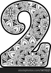 number 2 with abstract flowers ornaments in black and white. design inspired from mandala art style for coloring. Isolated on white background