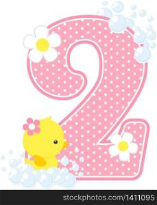number 2 with bubbles and cute rubber duck isolated on white. can be used for baby girl birth announcements, nursery decoration, party theme or birthday invitation. Design for baby girl