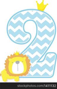 number 2 with chevron pattern. cute little lion king isolated on white background. can be used for father&rsquo;s day card, baby boy birth announcements, nursery decoration, party theme or birthday invitation
