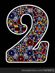 number 2 with colorful dots. Abstract design inspired in mexican huichol beaded art style. Isolated on black background