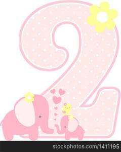 number 2 with cute elephant and little baby elephant isolated on white. can be used for mother&rsquo;s day card, baby girl birth announcements, nursery decoration, party theme or birthday invitation