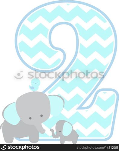 number 2 with cute elephant and little baby elephant isolated on white background. can be used for father&rsquo;s day card, baby boy birth announcements, nursery decoration, party theme or birthday invitation