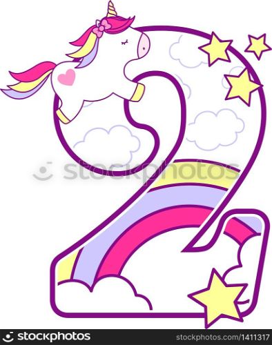 number 2 with cute unicorn and rainbow. can be used for baby birth announcements, nursery decoration, party theme or birthday invitation. Design for baby and children