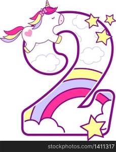 number 2 with cute unicorn and rainbow. can be used for baby birth announcements, nursery decoration, party theme or birthday invitation. Design for baby and children