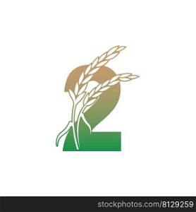 Number 2 with rice plant icon illustration template vector