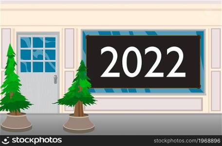Number 2022 with front door background. Store, Restaurant or drink establishment front with poster. Future business career, New Year goals, goal concept.
