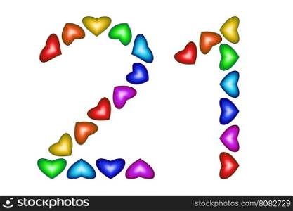 Number 21 of colorful hearts on white. Symbol for happy birthday, event, invitation, greeting card, award, ceremony. Holiday anniversary sign. Multicolored icon. Twenty one in rainbow colors. Vector
