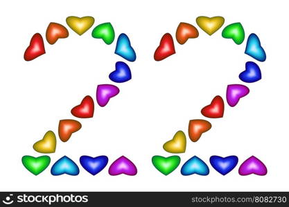 Number 22 of colorful hearts on white. Symbol for happy birthday, event, invitation, greeting card, award, ceremony. Holiday anniversary sign. Multicolored icon. Twenty two in rainbow colors. Vector