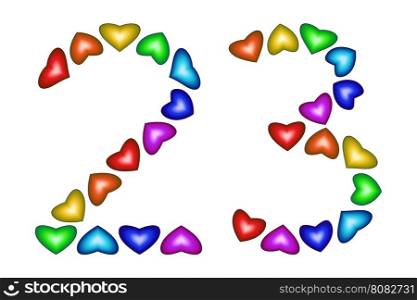 Number 23 of colorful hearts on white. Symbol for happy birthday, event, invitation, greeting card, award, ceremony. Holiday anniversary sign. Multicolored icon. Twenty three in rainbow colors. Vector