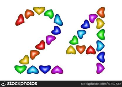 Number 24 of colorful hearts on white. Symbol for happy birthday, event, invitation, greeting card, award, ceremony. Holiday anniversary sign. Multicolored icon. Twenty four in rainbow colors. Vector