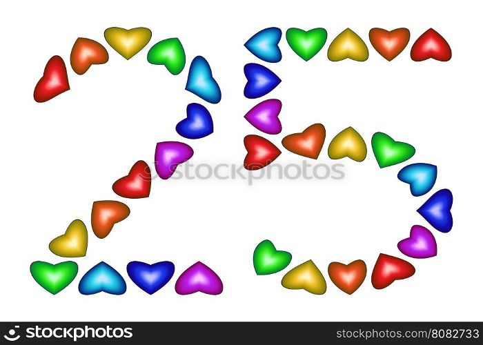 Number 25 of colorful hearts on white. Symbol for happy birthday, event, invitation, greeting card, award, ceremony. Holiday anniversary sign. Multicolored icon. Twenty five in rainbow colors. Vector