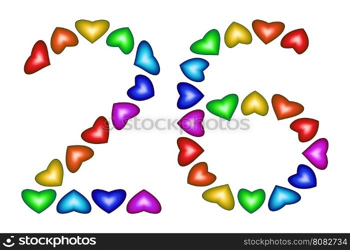 Number 26 of colorful hearts on white. Symbol for happy birthday, event, invitation, greeting card, award, ceremony. Holiday anniversary sign. Multicolored icon. Twenty six in rainbow colors. Vector