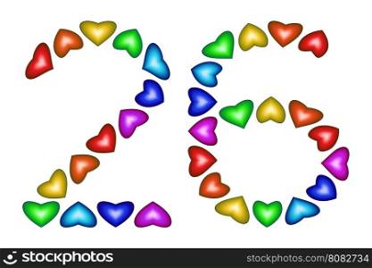 Number 26 of colorful hearts on white. Symbol for happy birthday, event, invitation, greeting card, award, ceremony. Holiday anniversary sign. Multicolored icon. Twenty six in rainbow colors. Vector
