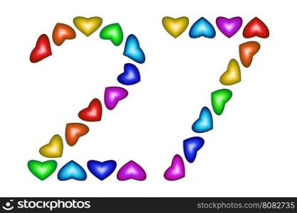Number 27 of colorful hearts on white. Symbol for happy birthday, event, invitation, greeting card, award, ceremony. Holiday anniversary sign. Multicolored icon. Twenty seven in rainbow colors. Vector