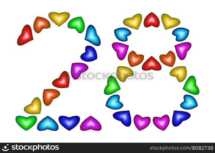 Number 28 of colorful hearts on white. Symbol for happy birthday, event, invitation, greeting card, award, ceremony. Holiday anniversary sign. Multicolored icon. Twenty eight in rainbow colors. Vector