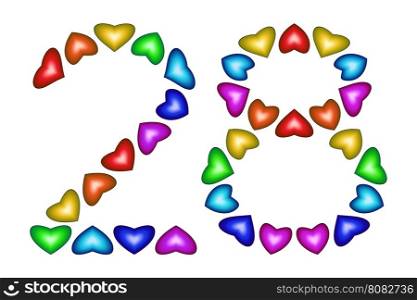 Number 28 of colorful hearts on white. Symbol for happy birthday, event, invitation, greeting card, award, ceremony. Holiday anniversary sign. Multicolored icon. Twenty eight in rainbow colors. Vector