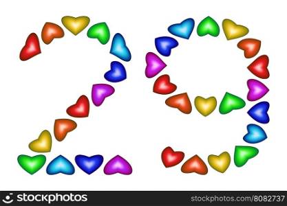 Number 29 of colorful hearts on white. Symbol for happy birthday, event, invitation, greeting card, award, ceremony. Holiday anniversary sign. Multicolored icon. Twenty nine in rainbow colors. Vector