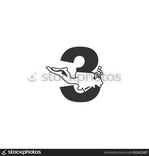 Number 3 and someone scuba, diving icon illustration template
