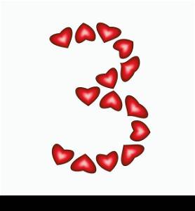 Number 3 made of hearts on white background