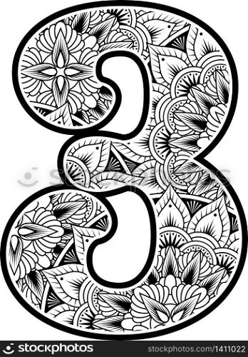 number 3 with abstract flowers ornaments in black and white. design inspired from mandala art style for coloring. Isolated on white background