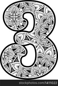 number 3 with abstract flowers ornaments in black and white. design inspired from mandala art style for coloring. Isolated on white background