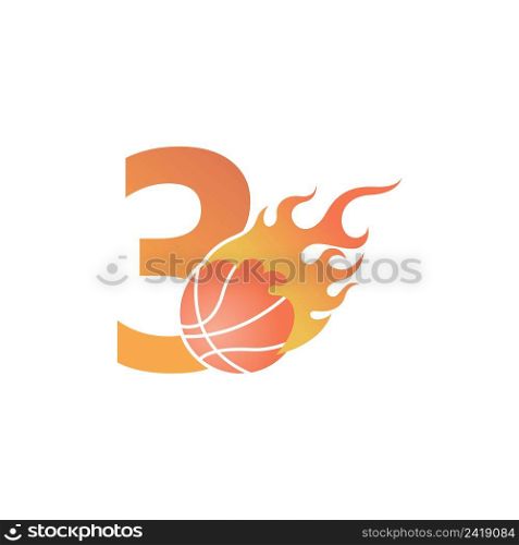 Number 3 with basketball ball on fire illustration vector
