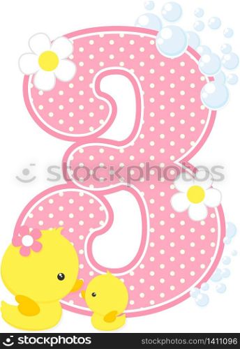 number 3 with bubbles and cute rubber duck isolated on white. can be used for baby girl birth announcements, nursery decoration, party theme or birthday invitation. Design for baby girl