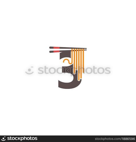 Number 3 with chopsticks and noodle icon logo design template