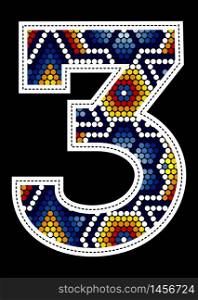 number 3 with colorful dots abstract design inspired in mexican huichol art style isolated on black background