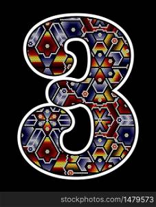 number 3 with colorful dots. Abstract design inspired in mexican huichol beaded art style. Isolated on black background
